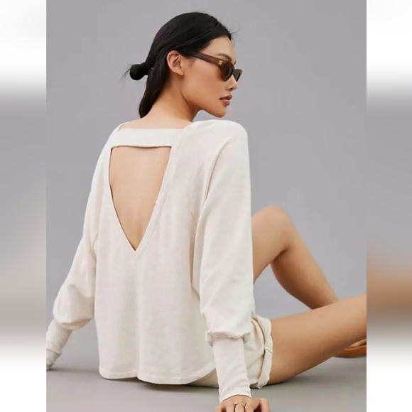 Anthropologie Daily Practice Light Sand Arvon Open Back Sweatshirt New - Picture 3 of 6